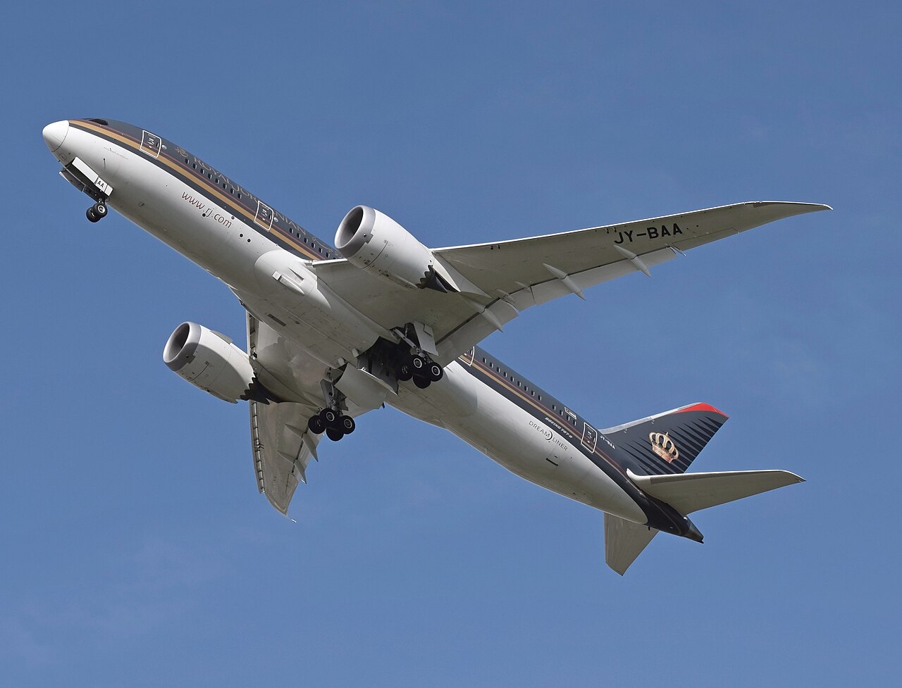 Royal Jordanian Airlines Boeing 787-8 (JY-BAA) arrives London Heathrow Airport, England.
