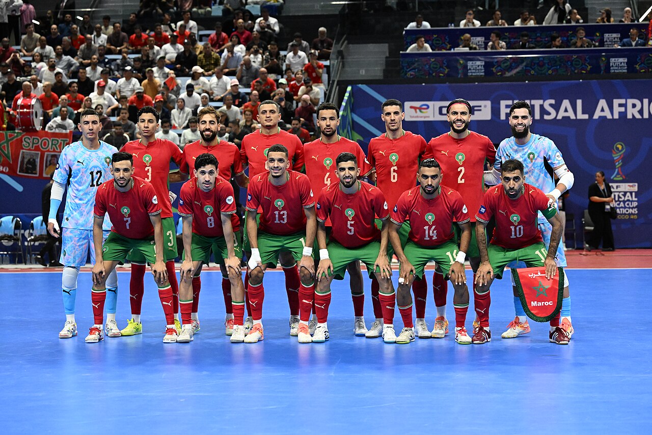 Photo d'équipe du Maroc de futsal durant la Coupe d'Afrique des nations de futsal 2026.