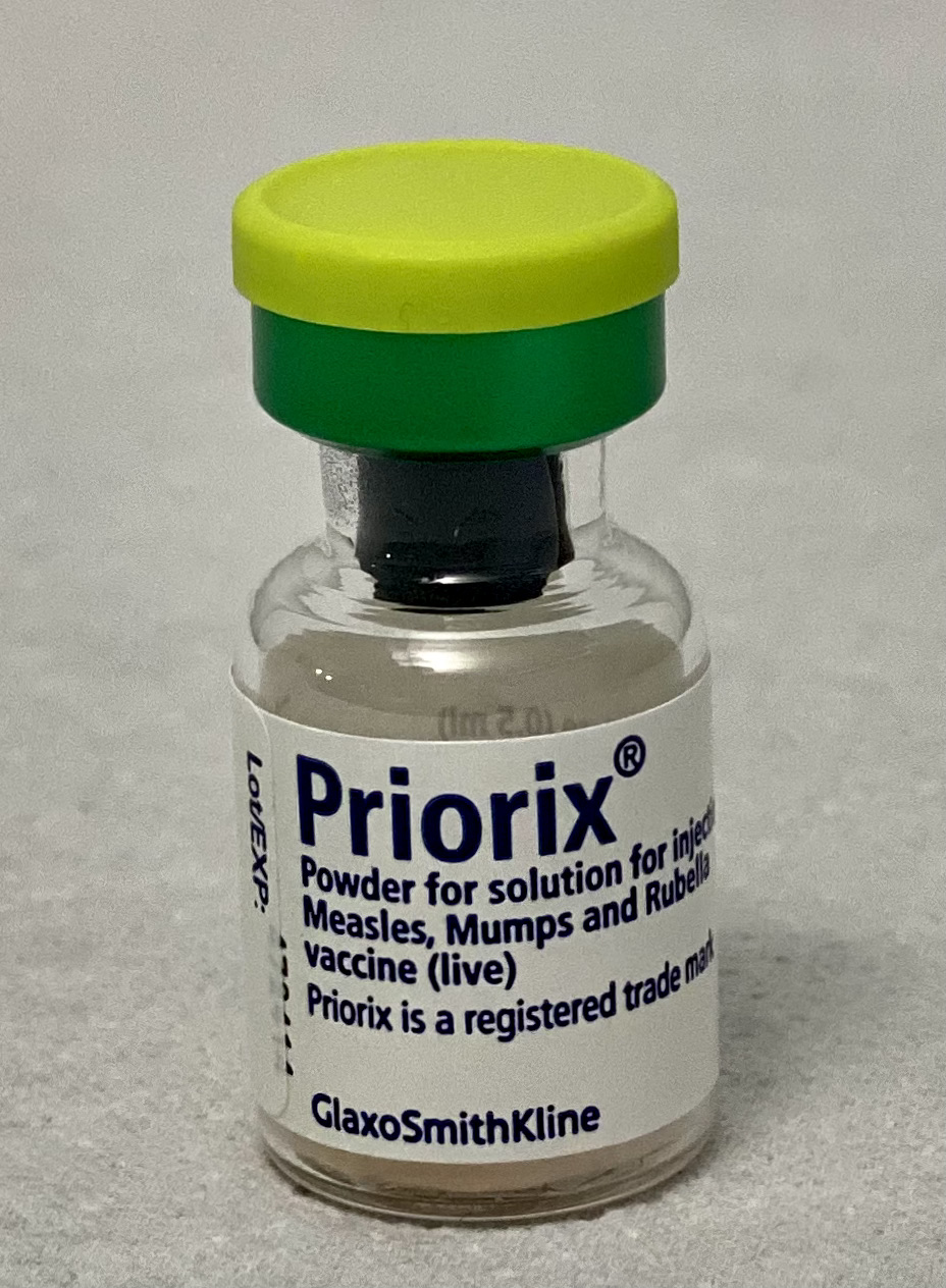 Priorix - Powder and solvent for solution for injection in a pre-filled syringe Measles, Mumps and Rubella vaccine (live) https://www.medicines.org.uk/emc/product/1159