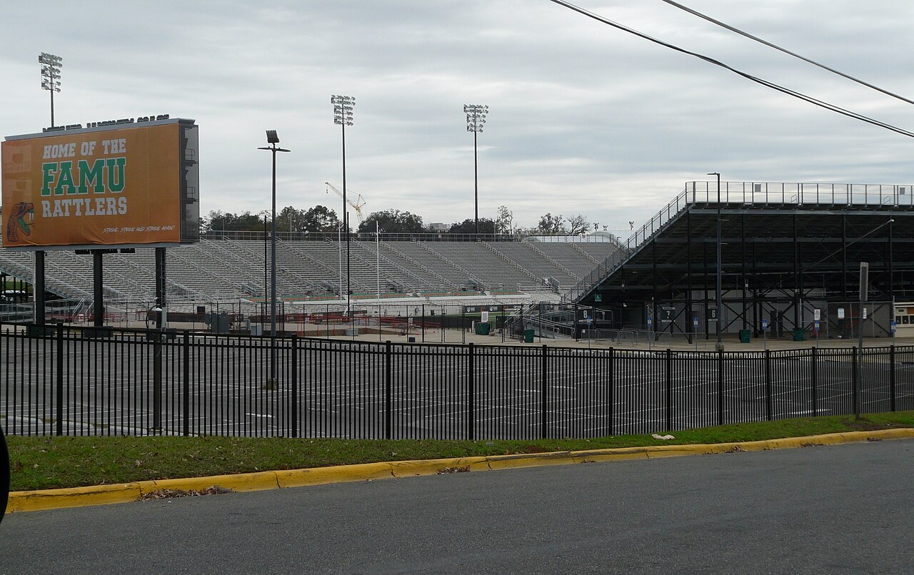Bragg Memorial Stadium at Florida A&M University seen from the intersection of Floral Street and Perry Street in Tallahassee, Florida .