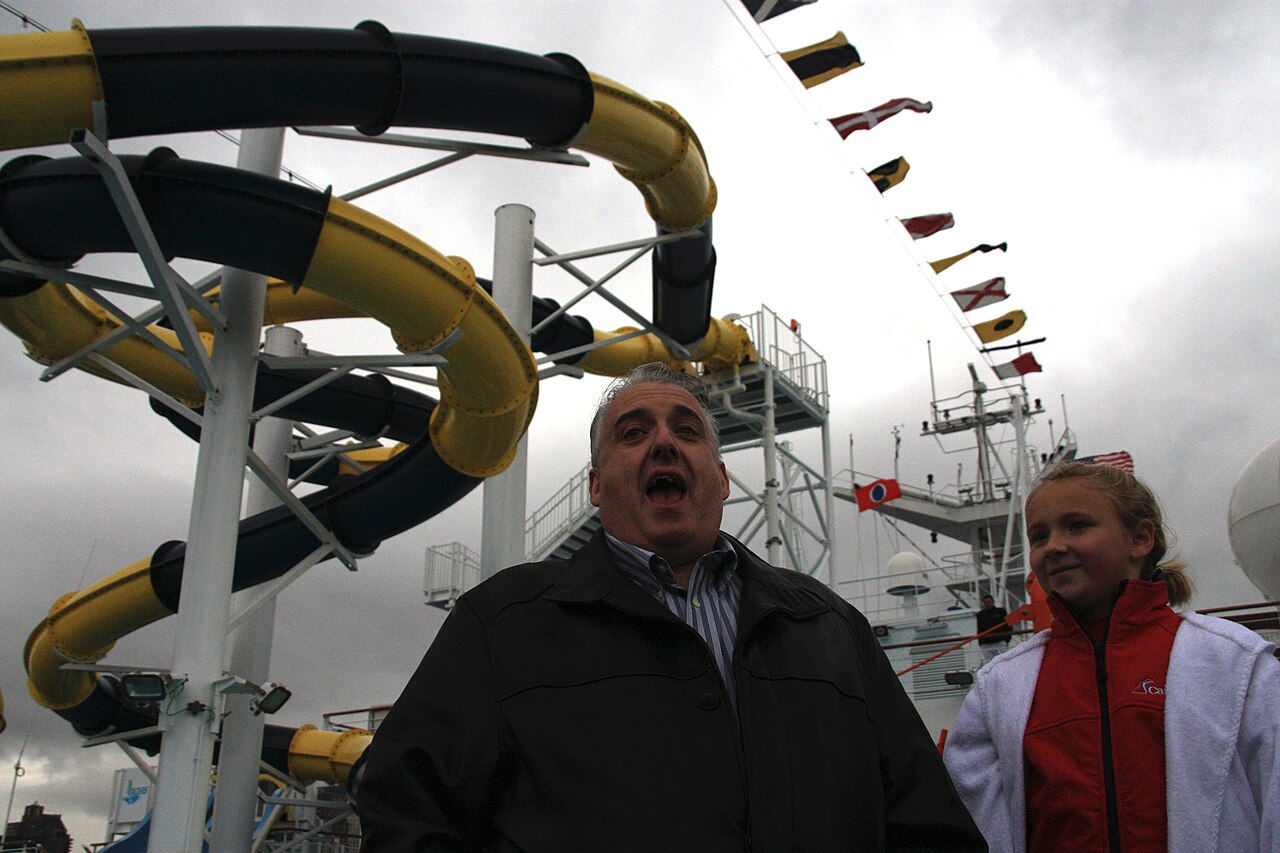 John Heald introduces Hailee Steberger as the nine-year-old prepares to christen the water slide on cruise ship Carnival Dream