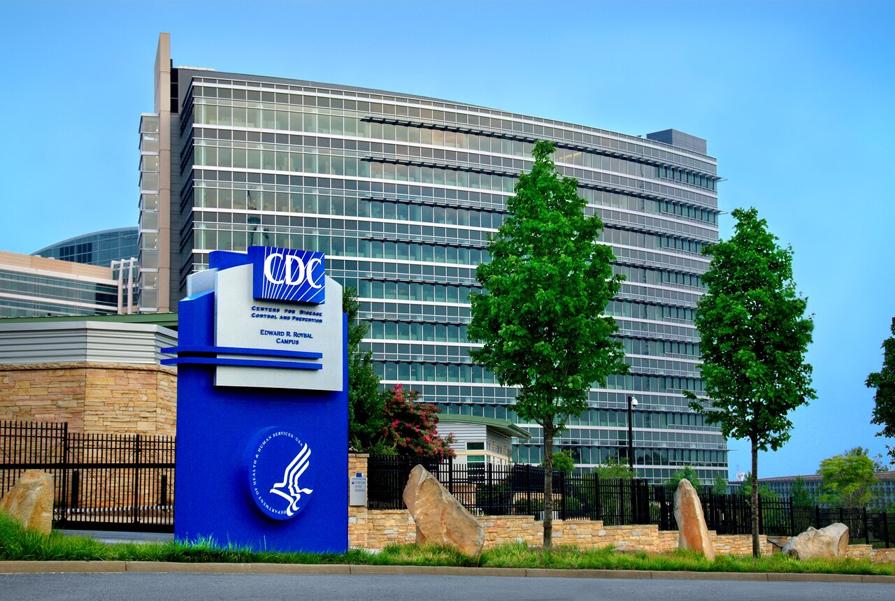 This photograph depicts an exterior view of CDC′s Roybal campus in Atlanta, GA