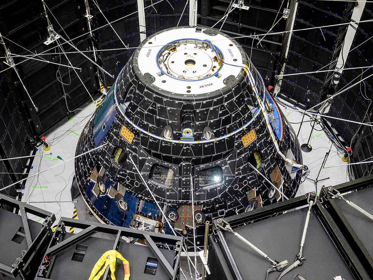 The Orion crew module for Exploration Mission-1 recently underwent Direct Field Acoustics Test where it was exposed to maximum acoustics levels that the vehicle will experience in space. Spacecraft response and sound pressure data were coll
