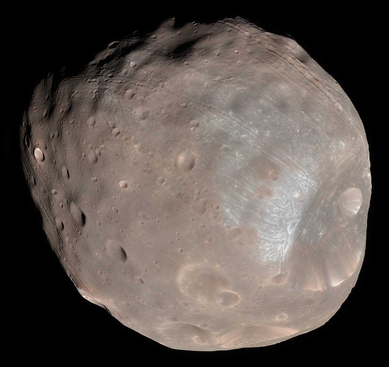 Color image of Phobos , imaged by the Mars Reconnaissance Orbiter on 23 March 2008. The High Resolution Imaging Science Experiment (HiRISE) camera on NASA's Mars Reconnaissance Orbiter took two images of the larger of Mars' two moons, Phobo
