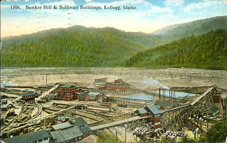 Caption on image: 1506. Bunker Hill & Sullivan Buildings, Kellogg, Idaho Bunker Hill and Sullivan Mine was built in in Shoshone County, Idaho, near the city of Kellogg. The Bunker Hill and Sullivan Mine was th eonly mine in that area that d