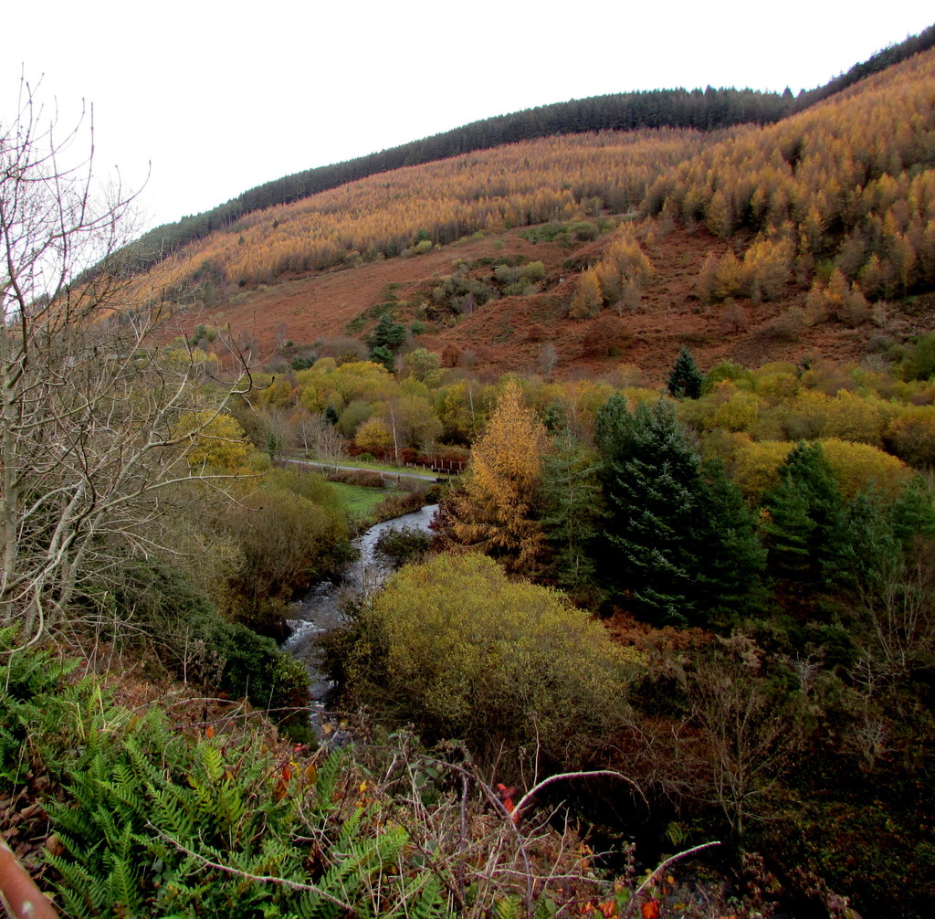River valley and hillside beyond, Ogmore Vale. The river Ogwr Fawr viewed from the A4061 Cemetery Road in the south of Ogmore Vale.