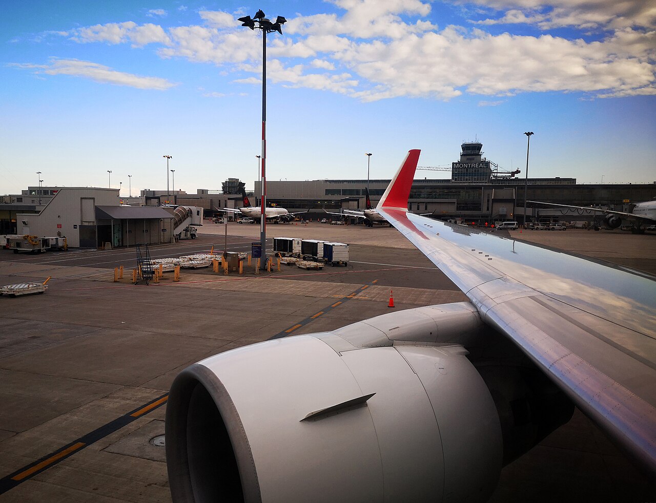 Montréal–Trudeau terminal viewed from airside abroad an Austrian Airlines Boeing 767-300ER