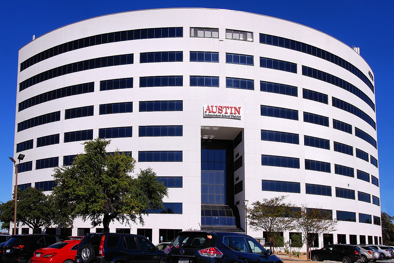 The south elevation of the headquarters building for the Austin Independent School District in Austin, Texas, United States. The district sold its former headquarters, the Carruth Administration Center, in downtown Austin and purchased the 