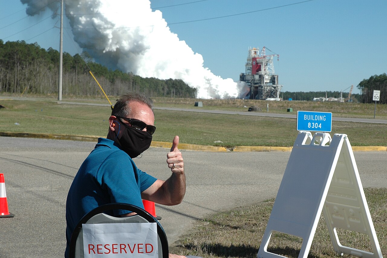 NASA conducts a hot fire test March 18, 2021, of the core stage for the agency’s Space Launch System rocket on the B-2 Test Stand at Stennis Space Center near Bay St. Louis, Mississippi. The hot fire test of the stage’s four RS-25 engines g