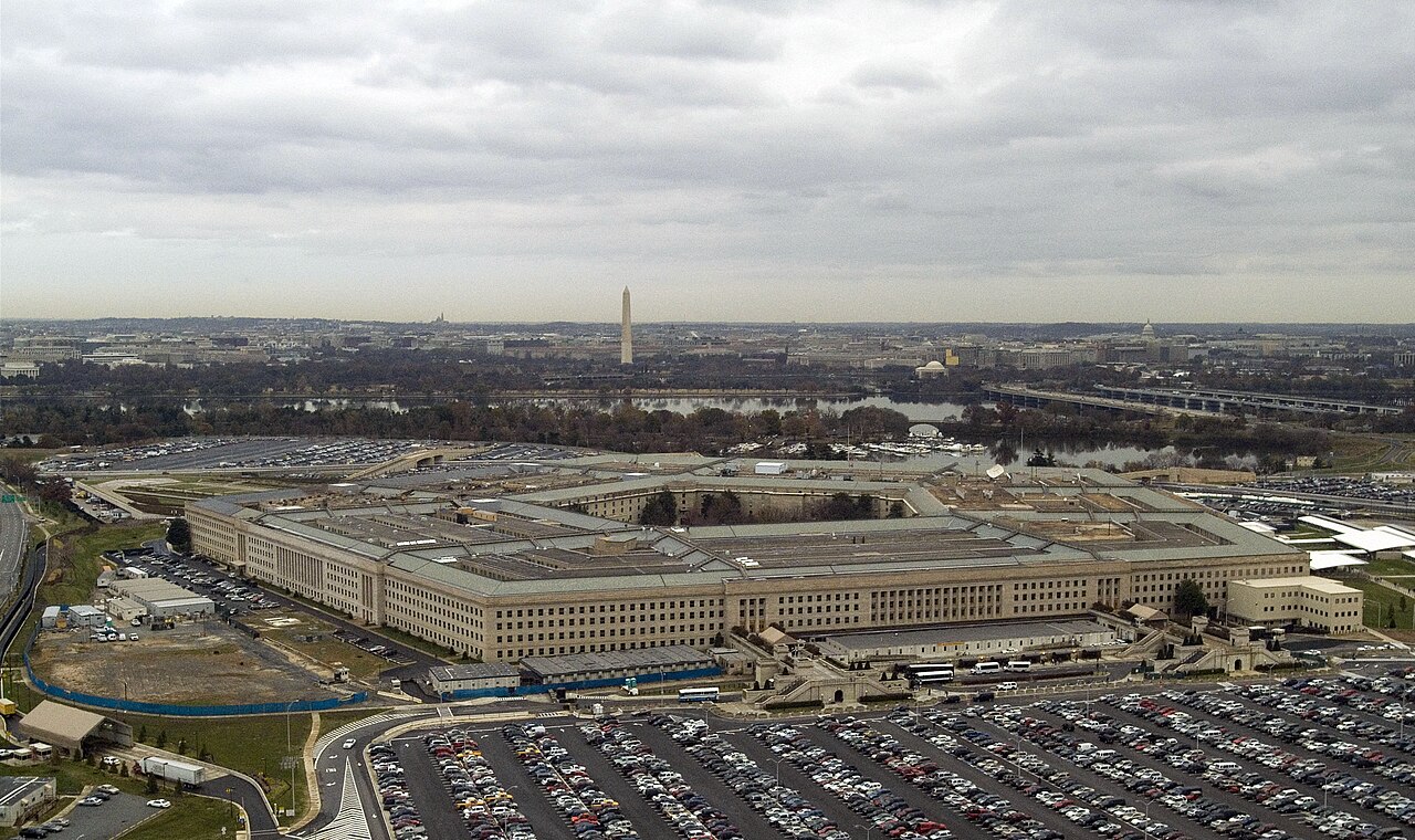 An aerial view of the headquarters of the United States Department of Defense located between the Potomac River and Arlington National Cemetery. The Pentagon employs approximately 23,000 military and civilian personnel and is one the world'