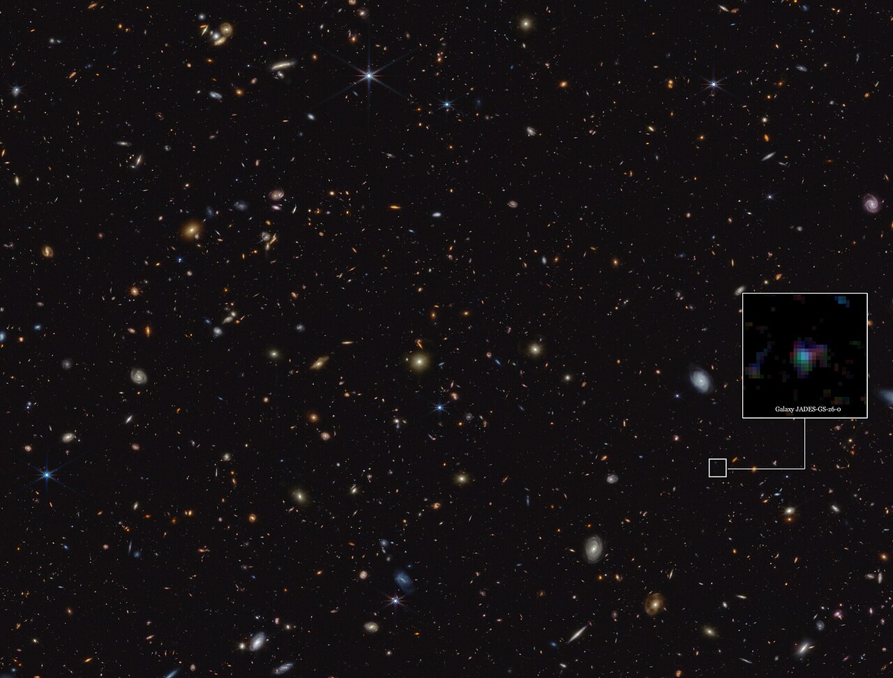 This image highlights the location of the galaxy JADES-GS-z6 in a portion of an area of the sky known as GOODS-South, which was observed as part of the JWST Advanced Deep Extragalactic Survey, or JADES. More + high resolution image: www.esa