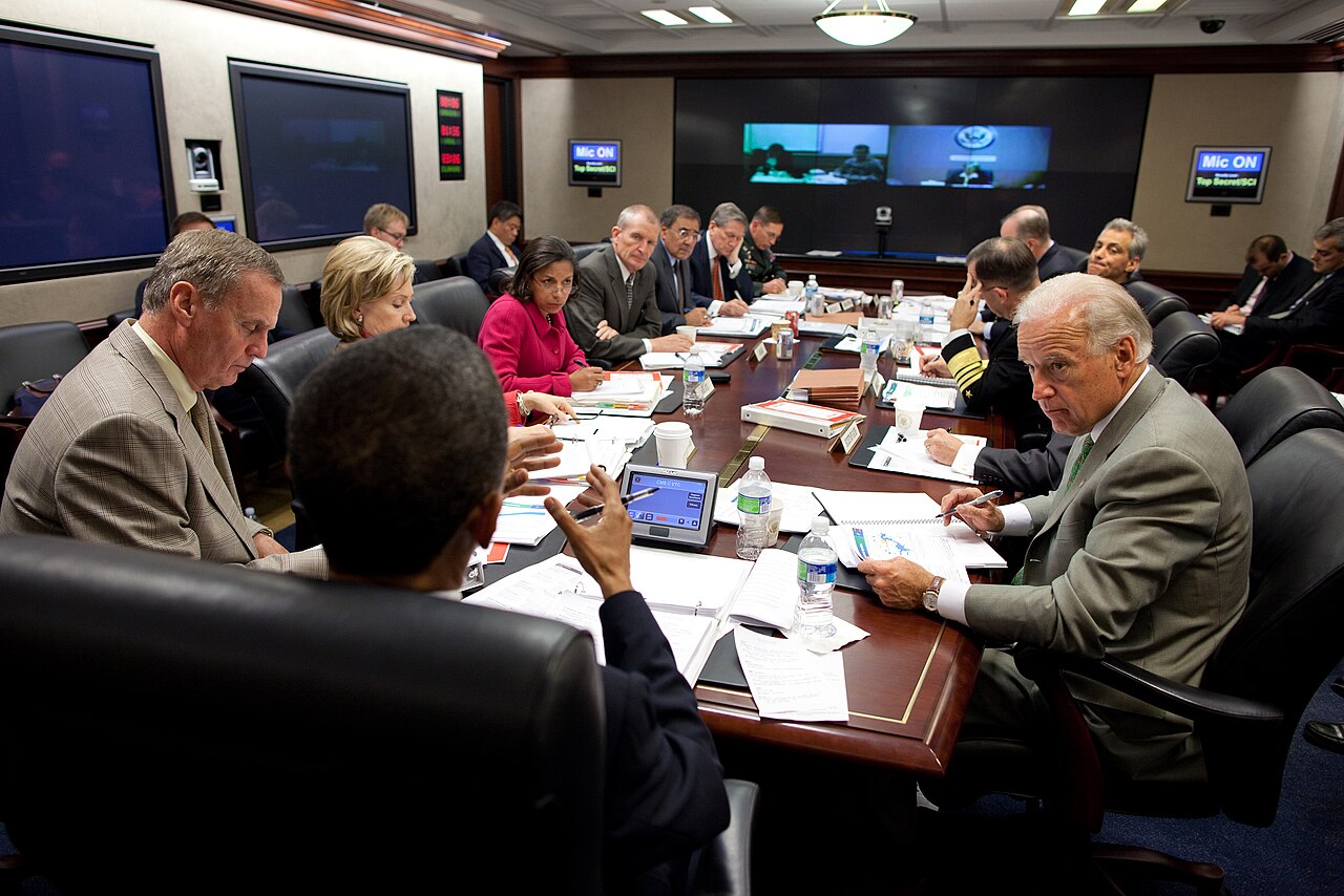 President Barack Obama attends a meeting on Afghanistan in the Situation Room in the White House. On his left, National Security Adviser James L. Jones , Secretary of State Hillary Clinton , U.S. Ambassador to the United Nations Susan Rice 
